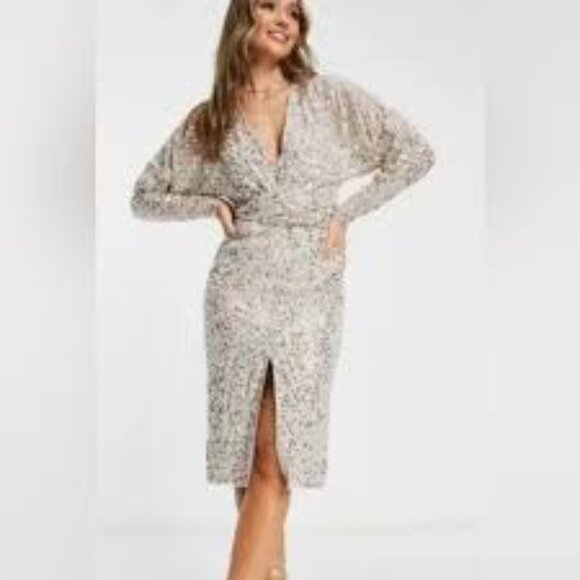 Nwt ASOS DESIGN Gold Scatter Sequin Batwing Sleeve Wrap Midi Dress Size 10 - Picture 1 of 14